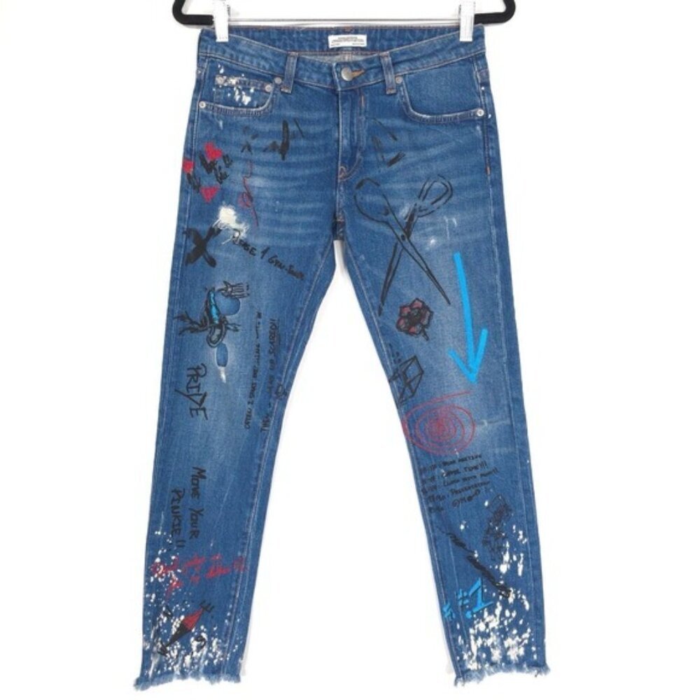 ZARA WOMAN DENIM PREMIUM COLLECTION‎ Graffiti Size 2 RARE Blue Jeans 9863/265